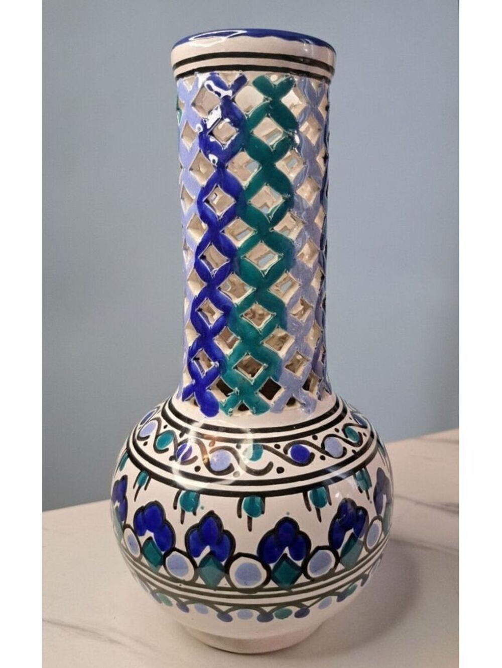 Vintage Mid-Century Tunisian Hand-Painted Reticulated Ceramic Cutout Vase 10"